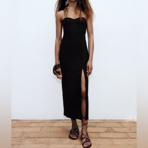 Zara Dresses & Skirts - Zara Linen Blend Corsetry Double Strap Side Slit Black Midi Dress